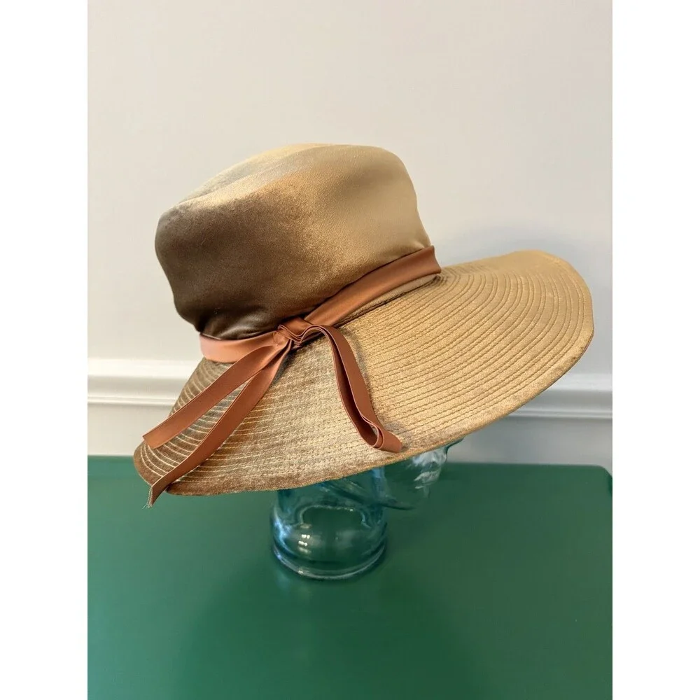 Vtg Mr Kim Original Sun Hat Wide Brim Satin Ribbon Bow Gold Bronze 1950s 60s